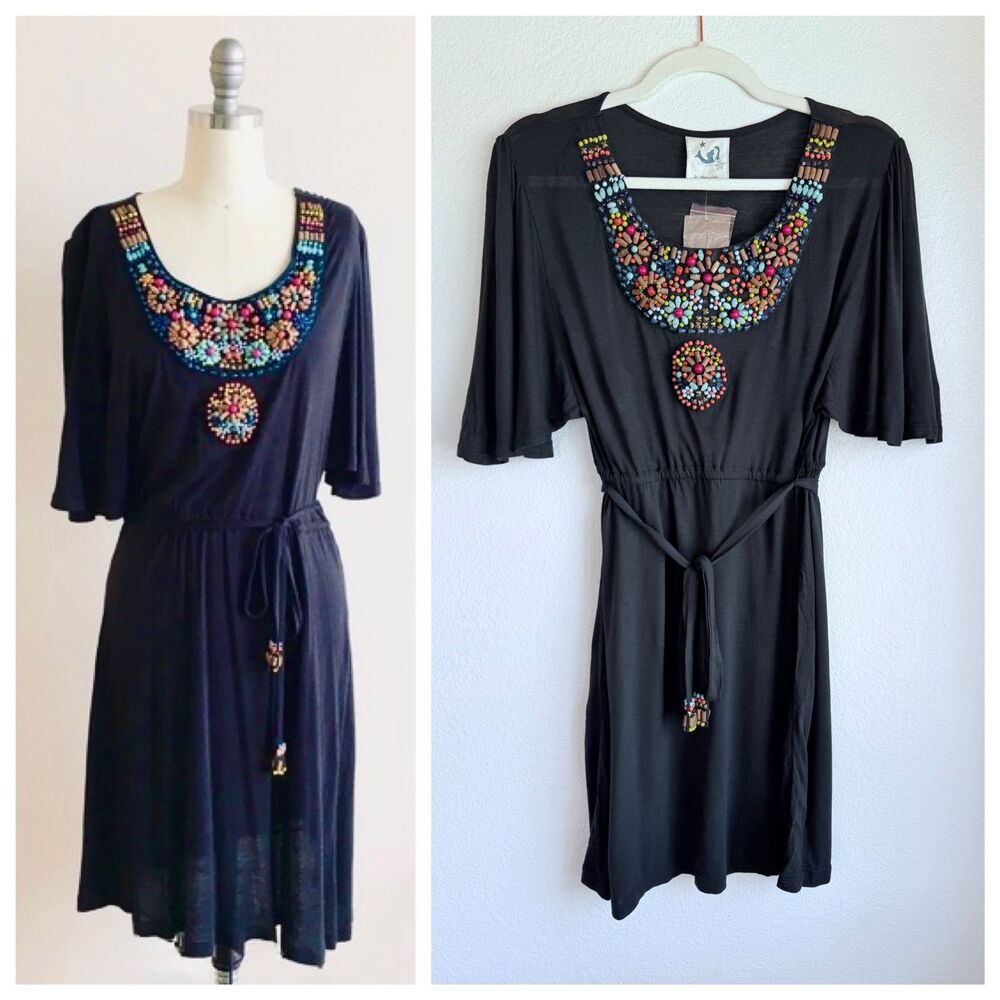 NWT Imperfect Anthropologie Mermaid Boho Flutter Sleeve Beaded Dress in Black